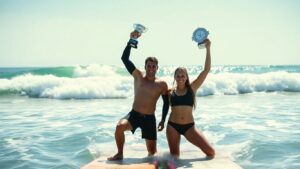 Surfers [Picklum] and [Dora] win world championship, holding trophies.