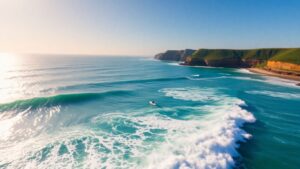 Surfers riding large waves on a sunny day.