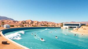 Surfers riding waves in a desert oasis surf park.