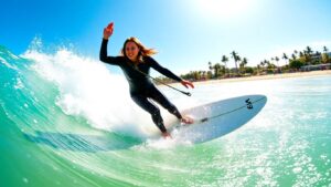 Caroline Marks surfing a wave at Rio beach