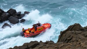 Dramatic rescue at sea with powerful waves.
