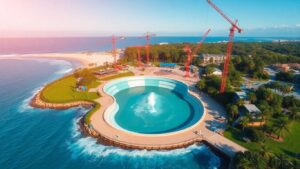 Surf park construction with blue wave pool and green landscaping.