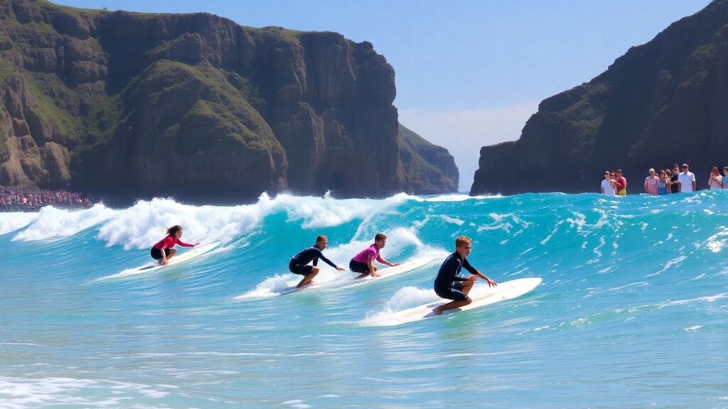 Young surfers catching waves at scenic coastal competition.