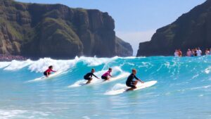 Young surfers catching waves at scenic coastal competition.