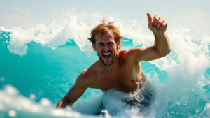 Finn McGill celebrates winning a surfing competition.