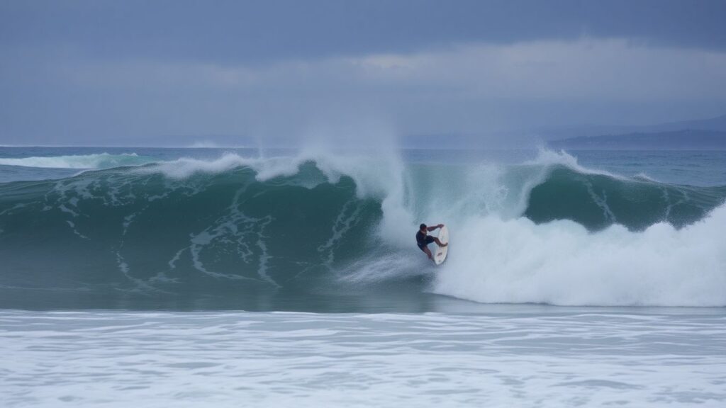 Surfer battling a large wave in stormy conditions.
