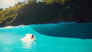 Surfer riding a wave in a surf park.