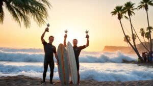 Surfers Lindblad and Slawson celebrate on California beach.