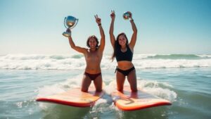 Surfers Molly Picklum and Yago Dora win world championships.