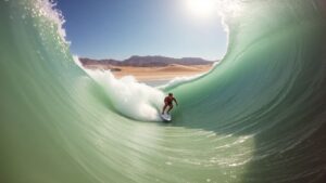 Surfer riding a wave in a desert surf park.