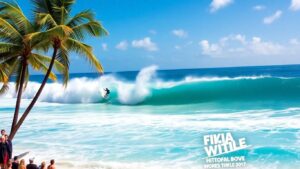 Surfers riding massive waves in Fiji championship event.