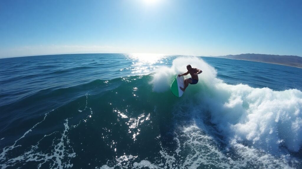Surfer riding a large wave during a competition.