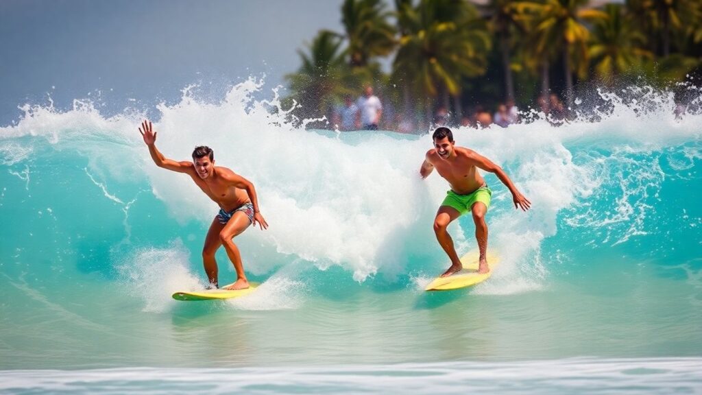 Kelis Kaleopa'a and Kai Sallas surfing Hawaiian waves