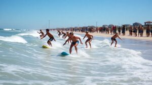 Young surfers riding waves at Virginia Beach event