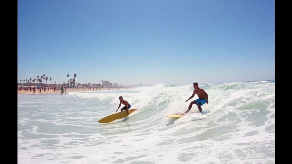 Lindblad and Slawson surfing at sunny California beach