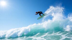 Surfer catches a big wave.