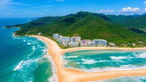 Riyue Bay surf resort in Hainan with crashing waves and modern buildings.