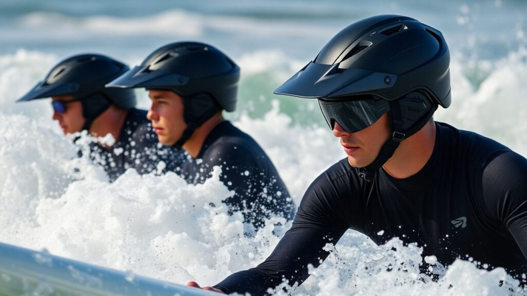 Surfers wearing helmets ride waves in Santa Cruz.