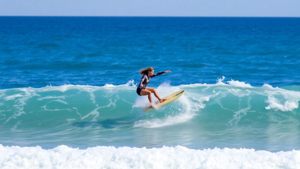 Surfer performs aerial trick on a wave at Jacksonville Beach.