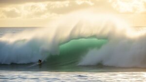 Surfers ride a massive wave at Pipeline, Hawaii.