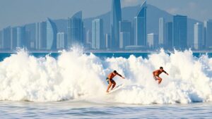Surfing competition with futuristic elements.