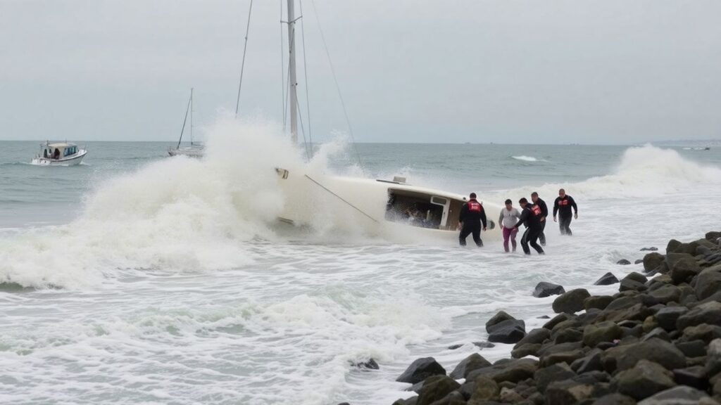 Rescuers save people from capsized sailboat in rough surf.
