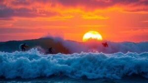 Surfers riding waves at sunset, championship tour.