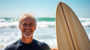 Surfing legend [Kevin Merifield] on a beach with his surfboard.