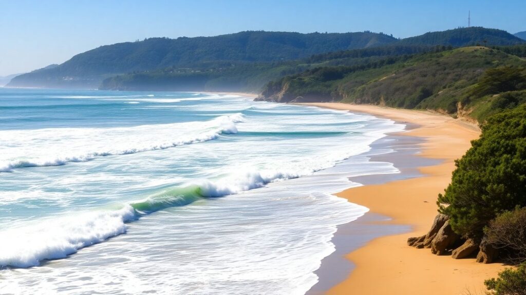San Lorenzo River mouth surf spot with waves.