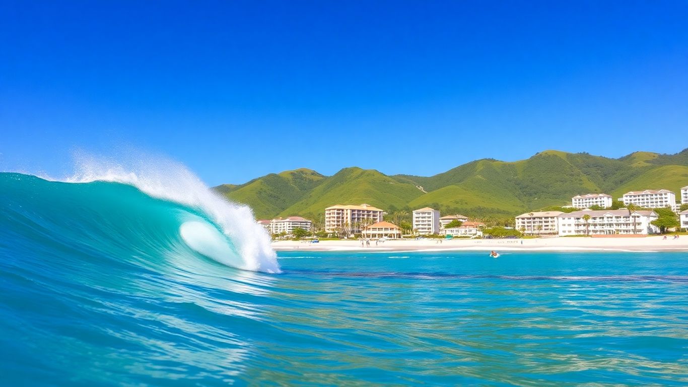Surfers ride Olympic-grade waves at Hainan's Riyue Bay Surf Resort.