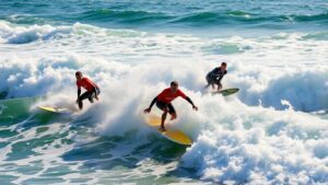 Surfers riding waves during a championship tour event.