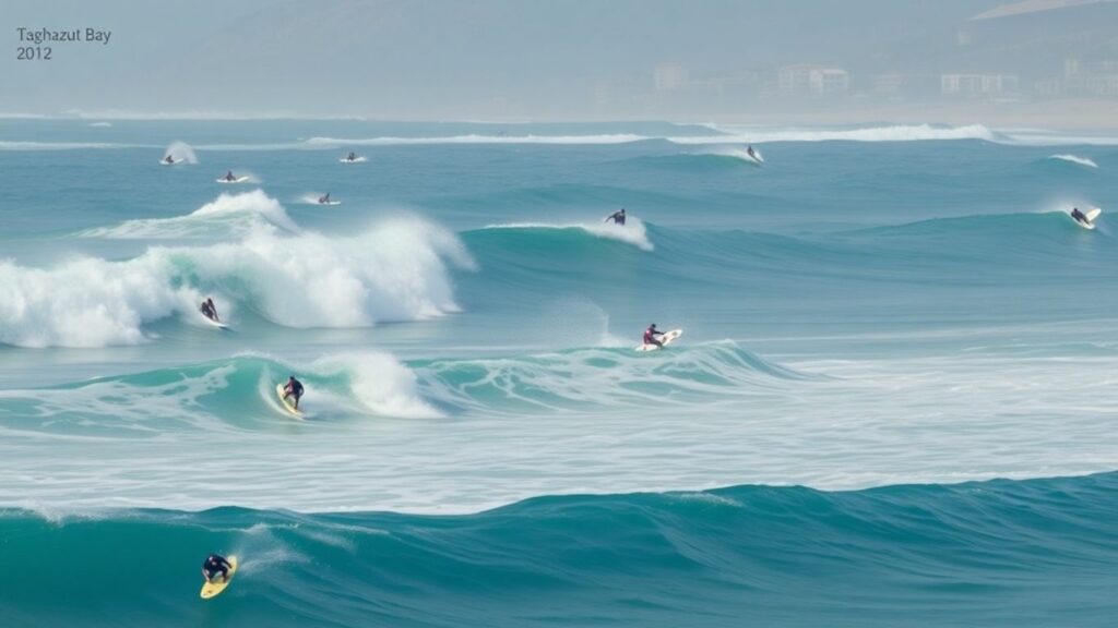 Surfers compete in Taghazout Bay during a competition.