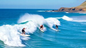 Junior surfers compete in Taghazout Bay during a surf competition.