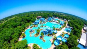 Water park with slides and pools under a sunny sky.