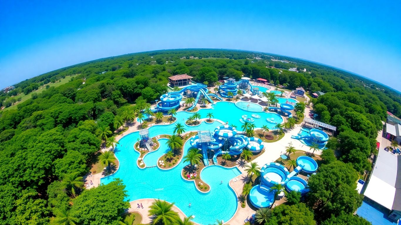 Water park with slides and pools under a sunny sky.