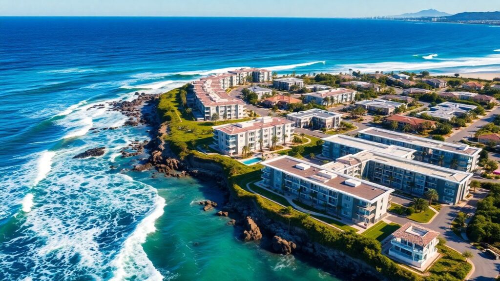 Zion Shores surf community with waves and modern buildings.