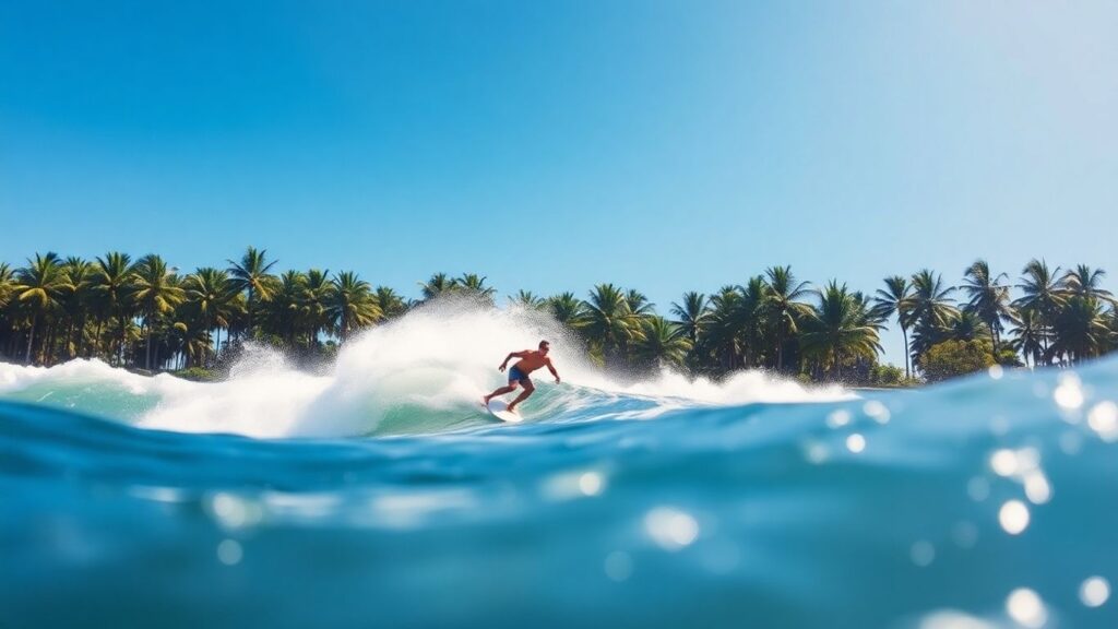 Surfer riding a wave in Siargao