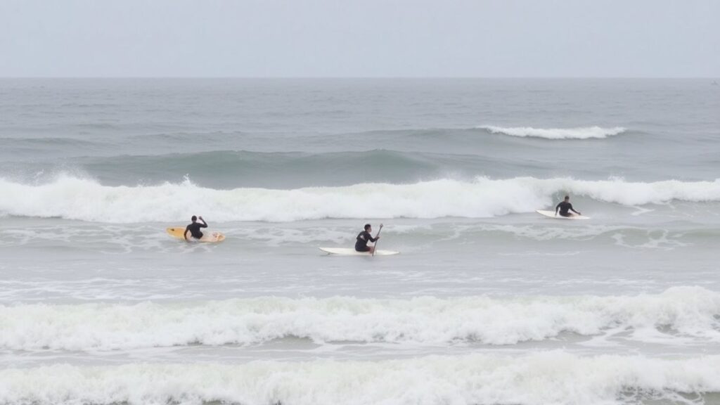 Surfers battling choppy waves at Pismo Beach competition.