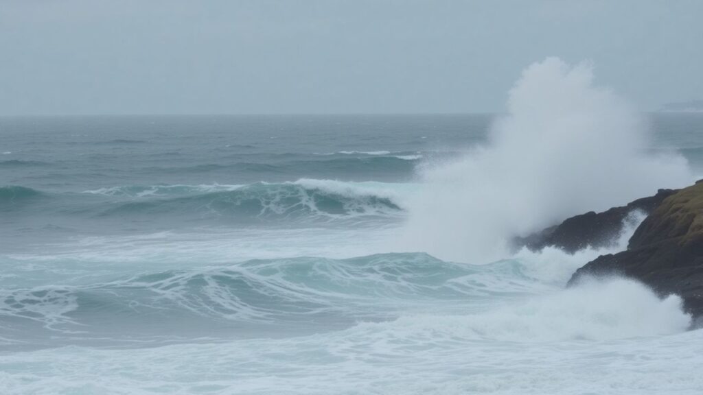 Dangerous ocean waves crashing on a US coastline.