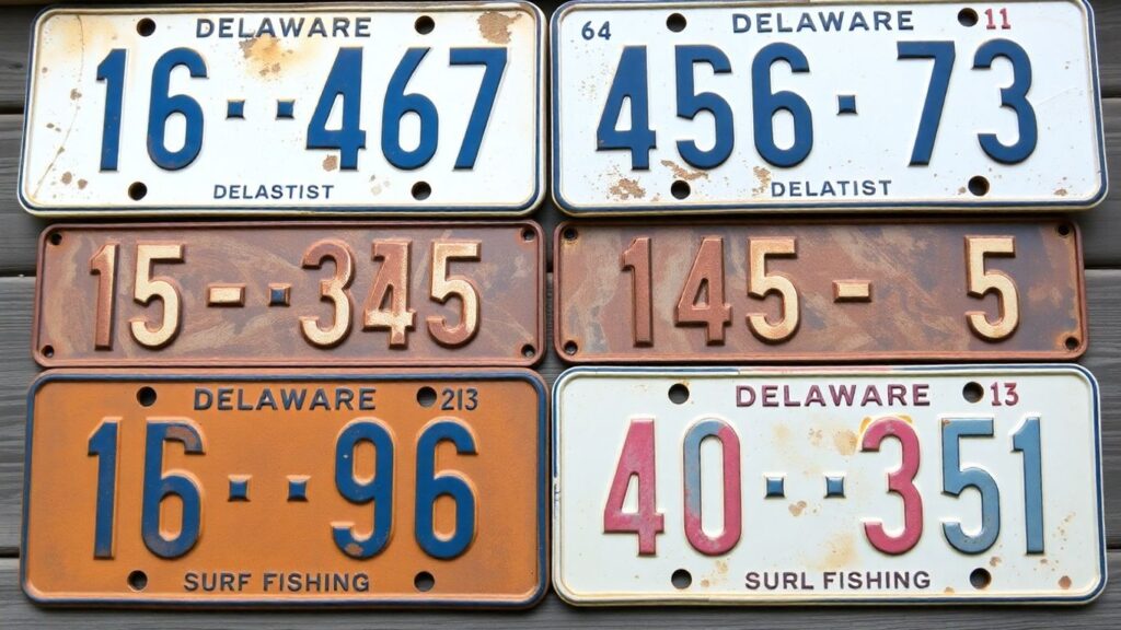 Low-digit Delaware surf fishing license plates for auction.