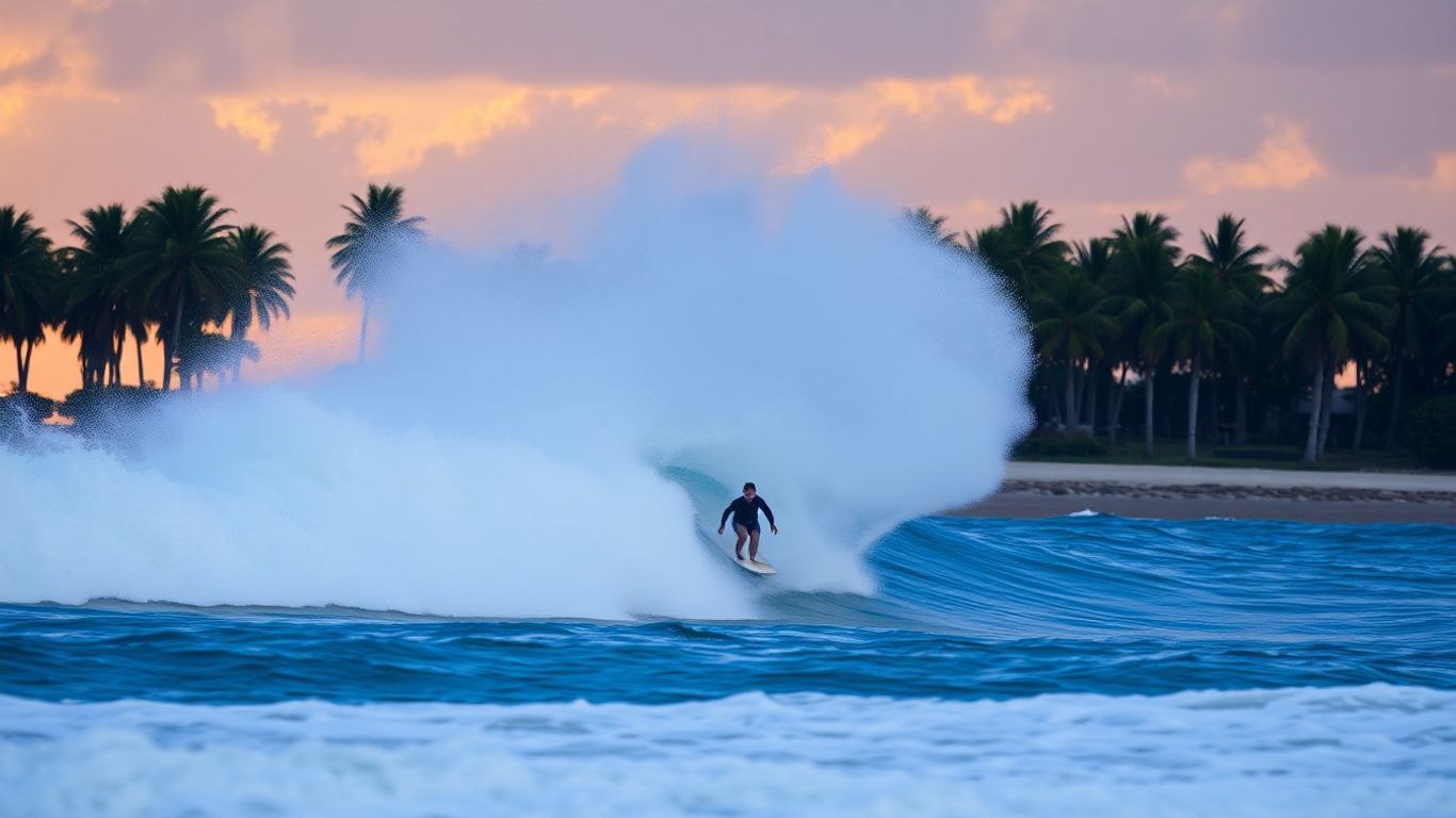 Surfer riding a wave at sunset in Siargao.