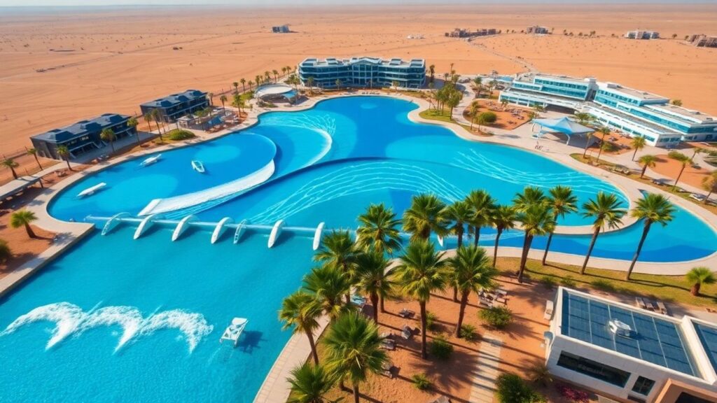 Desert surf community with artificial waves and modern buildings.