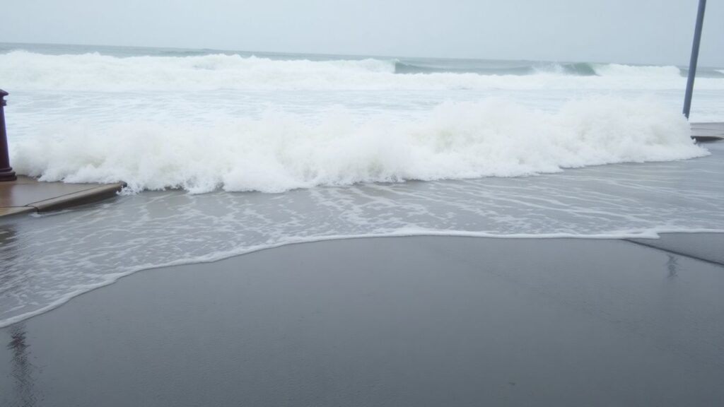 Flooded coastal street with high surf in Southern California.