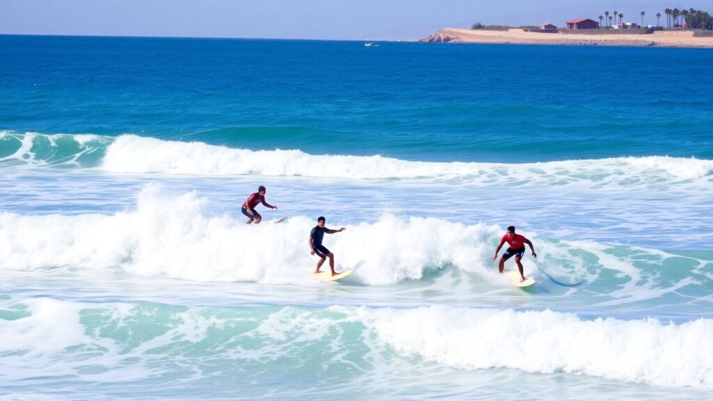 Surfers compete in Taghazout Bay, Morocco.