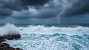 High surf and storms battering a rocky coastline.