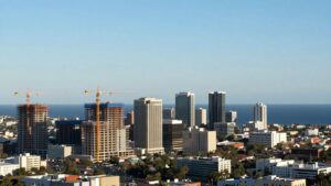 Mixed-use development construction in a coastal city.