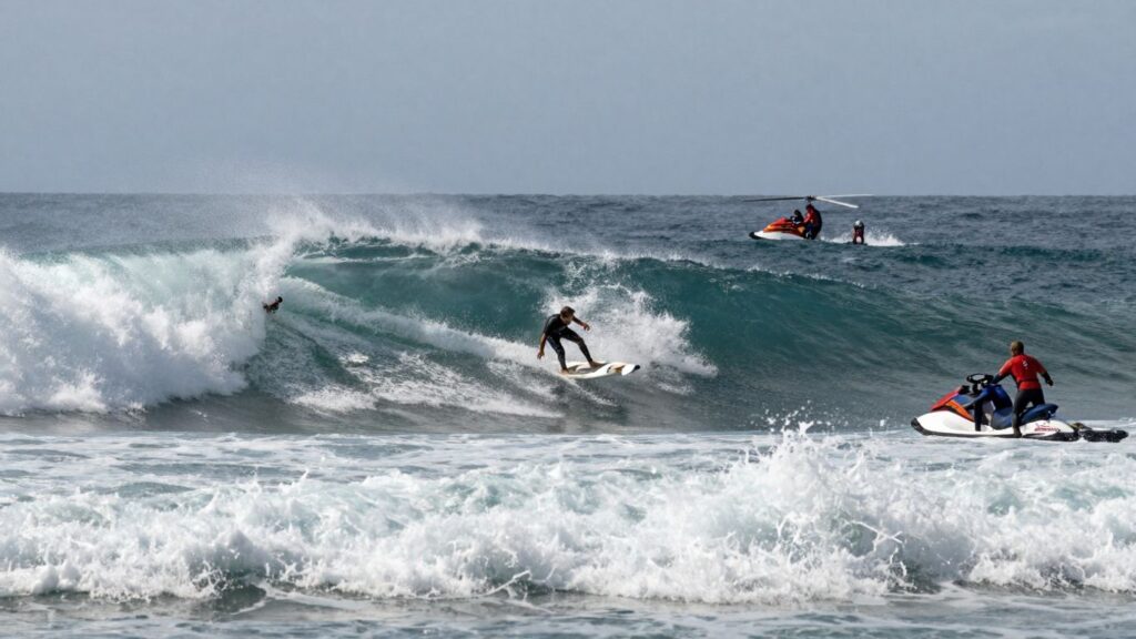 Young surfers ride giant Nazaré waves during a dramatic rescue.