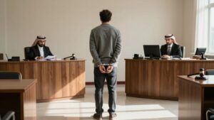 Courtroom scene with man in handcuffs.