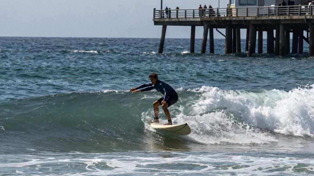 Surfer on a longboard at Pismo Beach Pier.