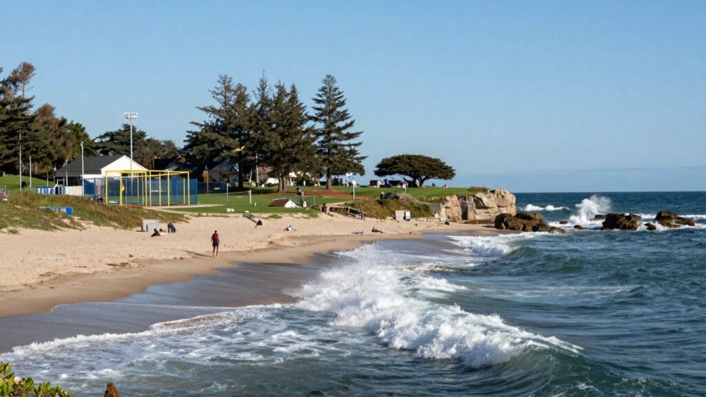 Waves on a beach near a sports park.